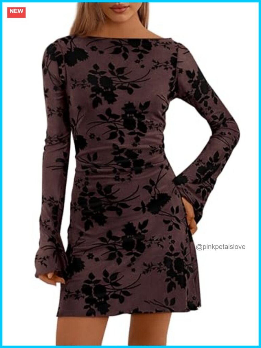 Women's Floral Mesh Bodycon Mini Dress Long Bell Sleeve Boat Neck